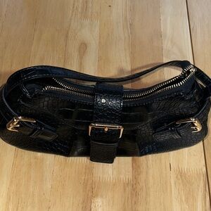 Black Croc-Embossed Handbag with Gold Accents